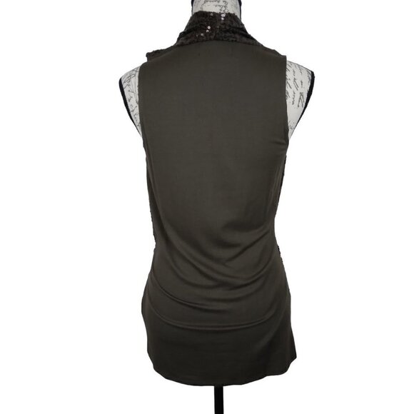 Karen Kane | Brown Sequin Wrap Front Sleeveless Knit Stretch Top | Size M - Picture 4 of 7